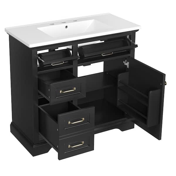 36 in. W Single Sink Freestanding Black Bath Vanity with White Ceramic Top and 4 Drawers, Unassembled