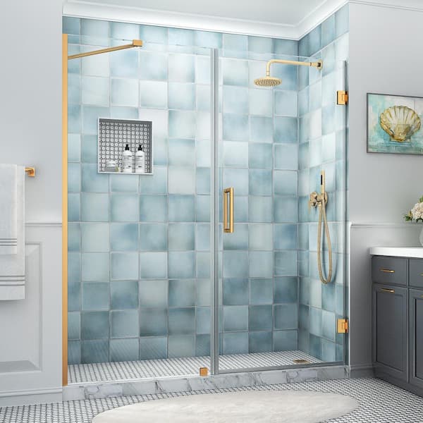 Aston Belmore XL 69.25 - 70.25 in. W x 80 in. H Frameless Hinged Shower Door with Clear StarCast Glass in Brushed Gold