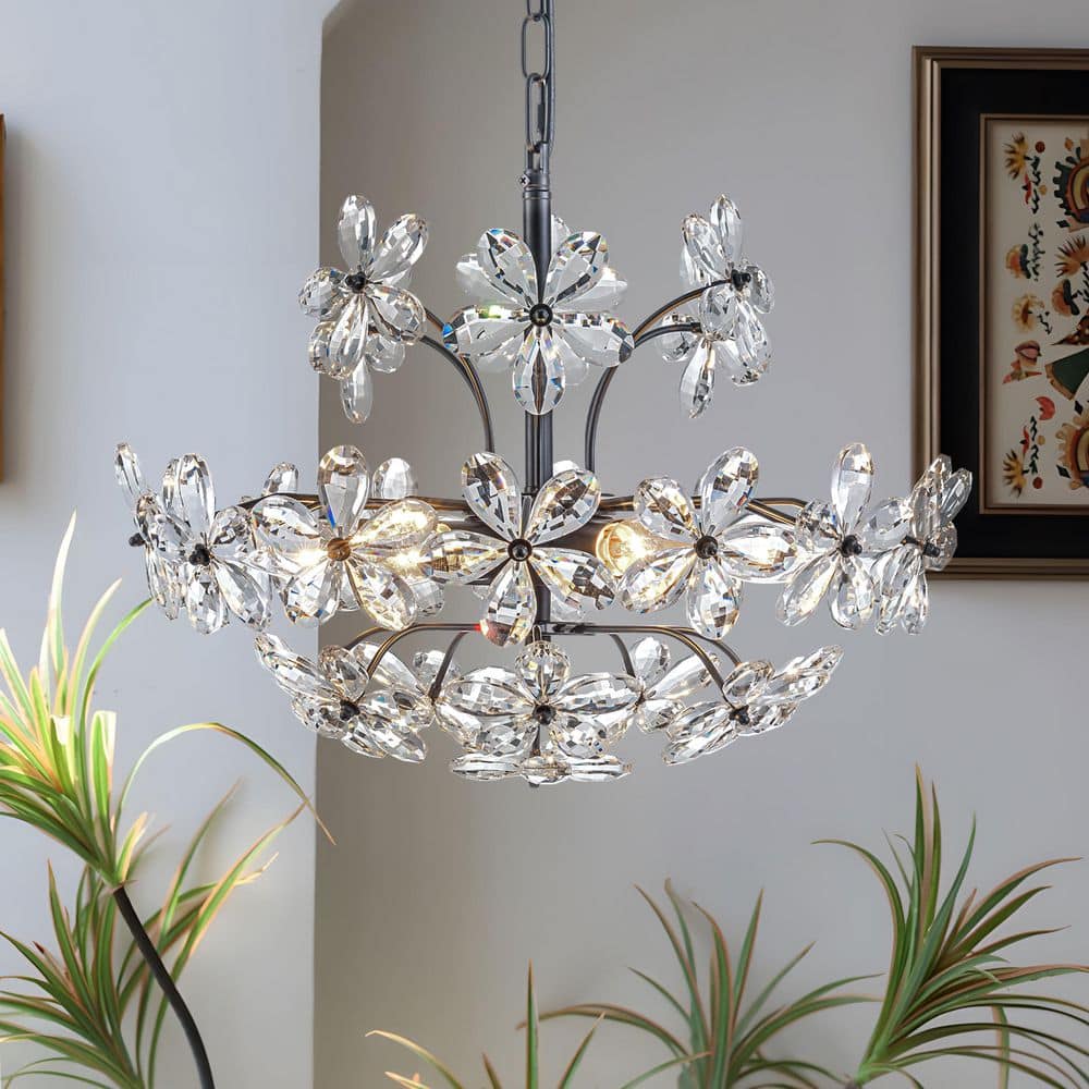 chandelierデスク TinHon 6-Light Modern Black Crystal Flower Chandelier with Clear