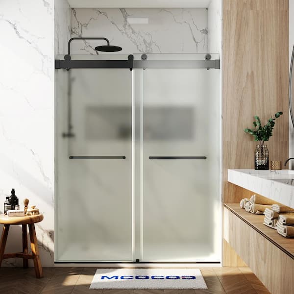56-60.75 in. W x 79 in. H Double Sliding Frameless Soft Close Shower Door in Matte Black with 3/8 in. Frosted Glass