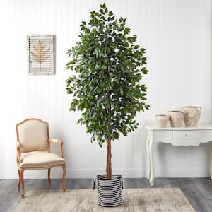 8 ft. Green Ficus Artificial Tree in Handmade Black and White Natural Jute and Cotton Planter