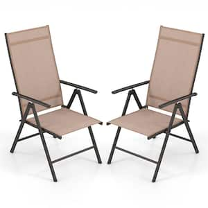 Adjustable Black Reclining Fabric and Metal Frame Outdoor Lounge Chair in Brown Set of 2