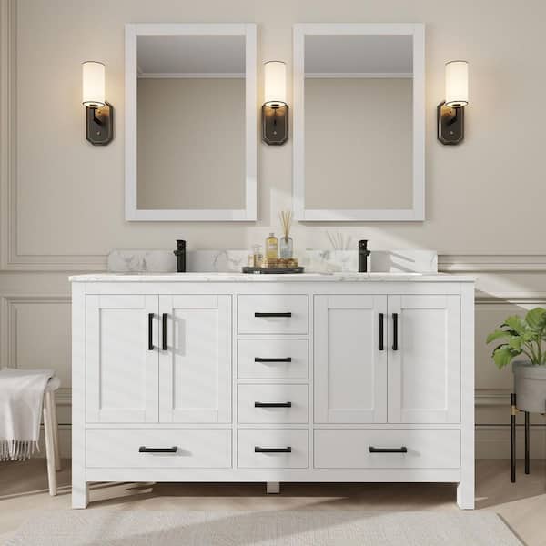 Thera 60 in. W x 22 in. D x 34 in. H Bath Vanity in White with Venato Carrara Top with Basins