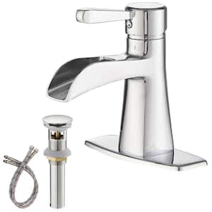 Single-Handle Single-Hole Brass Waterfall Bathroom Sink Faucet with Drain Assembly Kit and Deckplate in Polished Chrome