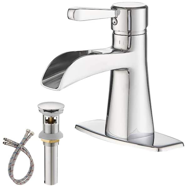 FLG Single-Handle Single-Hole Brass Waterfall Bathroom Sink Faucet with Drain Assembly Kit and Deckplate in Polished Chrome