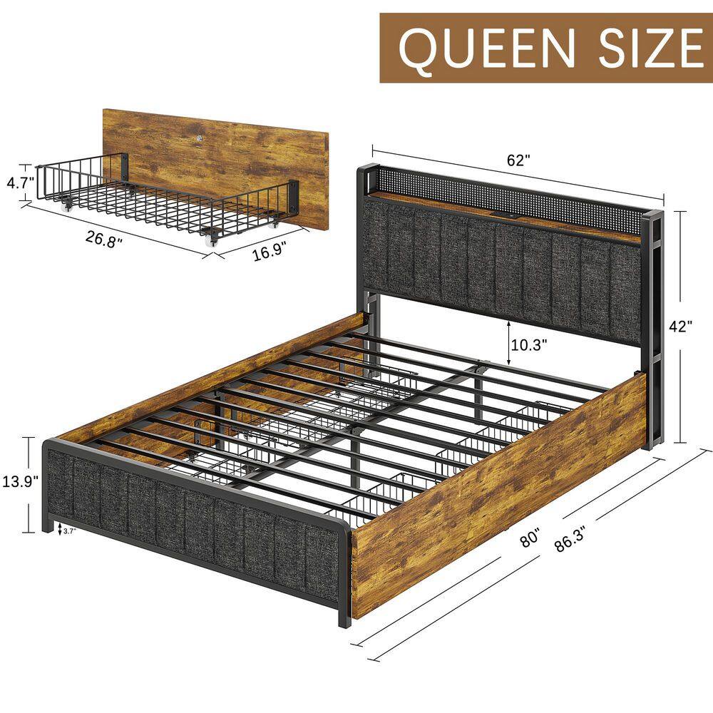 Rustic Bed Brown Metal Frame Queen Platform Bed with Upholstered Headboard, USB Port and 4-Rolling Storage Drawers - thumbnail 9