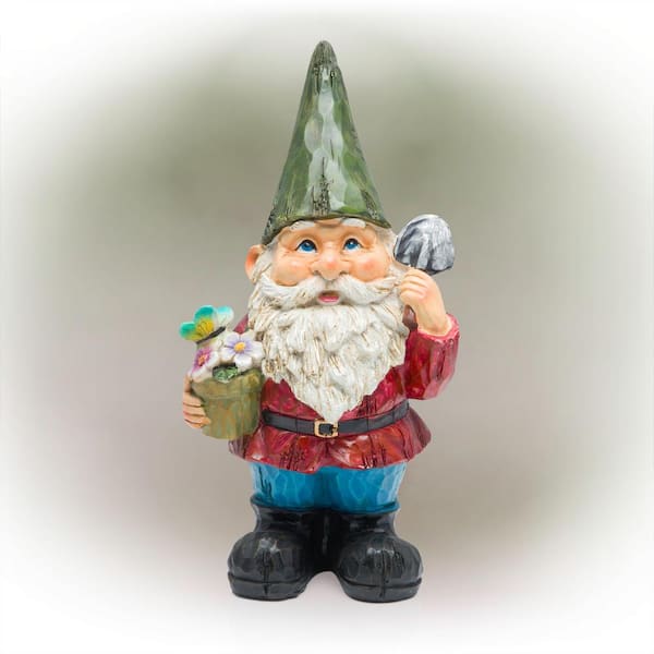 Alpine Corporation 12 in. Tall Outdoor Garden Gnome with Flower Pot Yard Statue Decoration