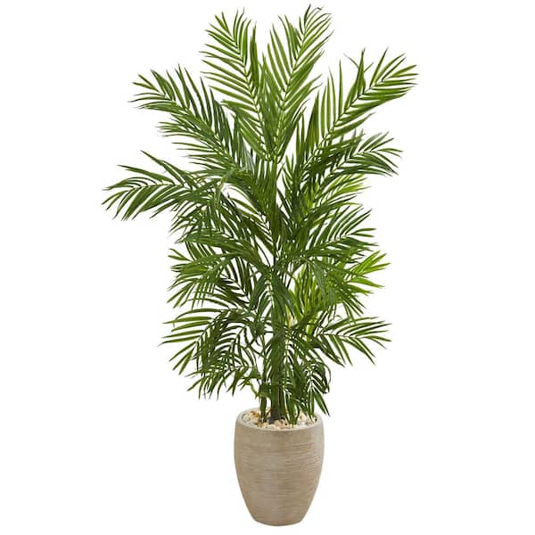 Nearly Natural Indoor 5 ft. Areca Palm Artificial Tree in Sand Colored Planter