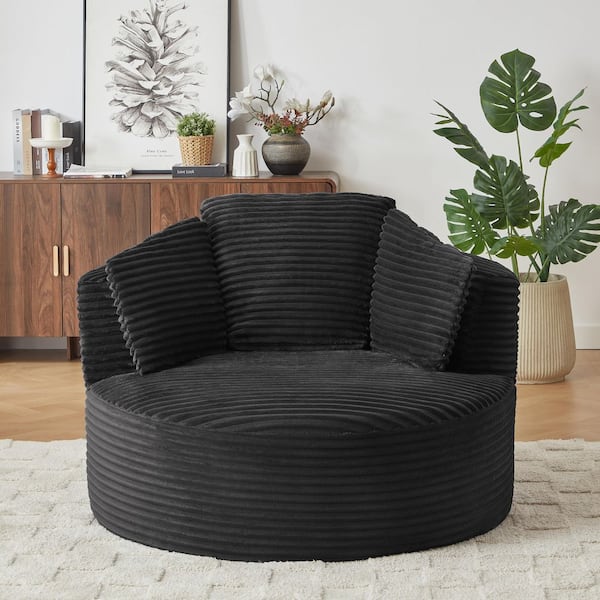 Compressible Black Corduroy Upholstered Barrel Chair with Cushioned Backrest for Living Room, No Assembly Required