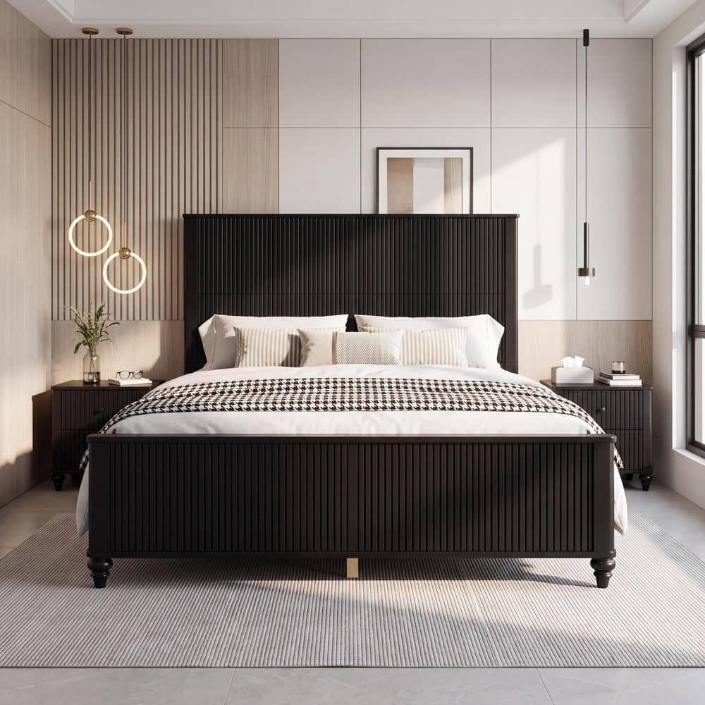 Modern 3-Piece Black Wood Frame Queen Bedroom Set Fluted Platform Bed and 2 Nightstands price history on PriceWatchPro