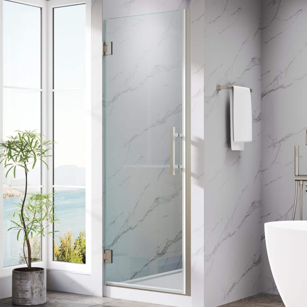 27-28 in. W x 72 in. H Pivot Hinged Frameless Shower Door in Brushed Nickel with 3/8 in. SGCC Clear Tempered Glass price history on PriceWatchPro