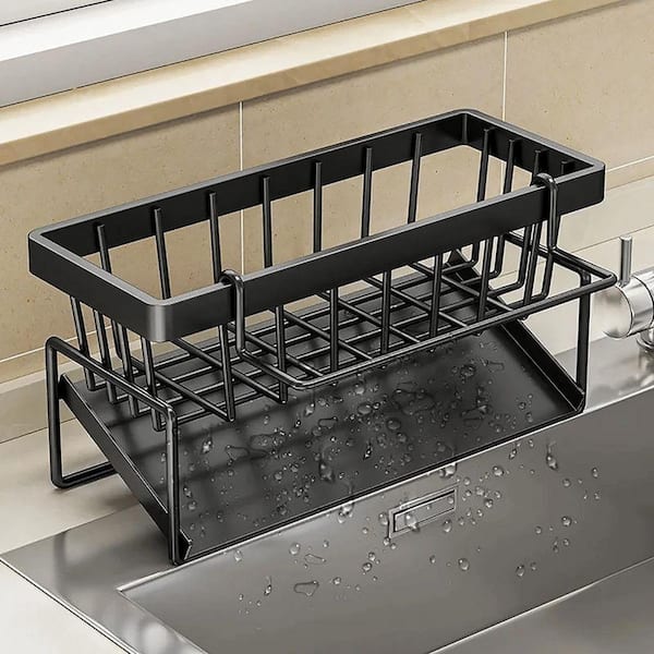 Black Metal Kitchen Sink Sponge Organizer Rack with Towel Holder Rust Free