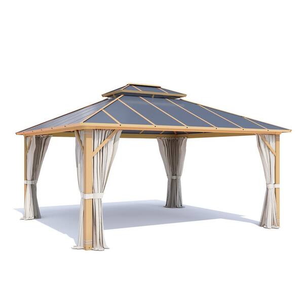 Unbranded 12 ft. x 14 ft. Hardtop Gazebo, Wooden Finish Coated Aluminum Frame Gazebo with Double Aluminum Composite Roof for Patio