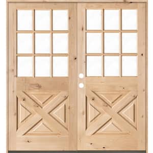 64 in. x 80 in. Knotty Alder 2-Panel Right-Hand/Inswing 1/2 Lite Clear Glass Unfinished Double Wood Prehung Front Door