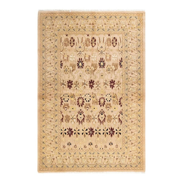 Mogul Ivory 5 x 8 Oriental Wool Indoor Area Rug