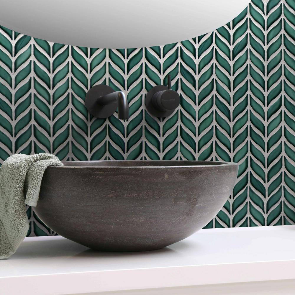 Green 11.3" x 10.7" Glazed Leaf Waterjet Recycled Glass Mosaic Tile