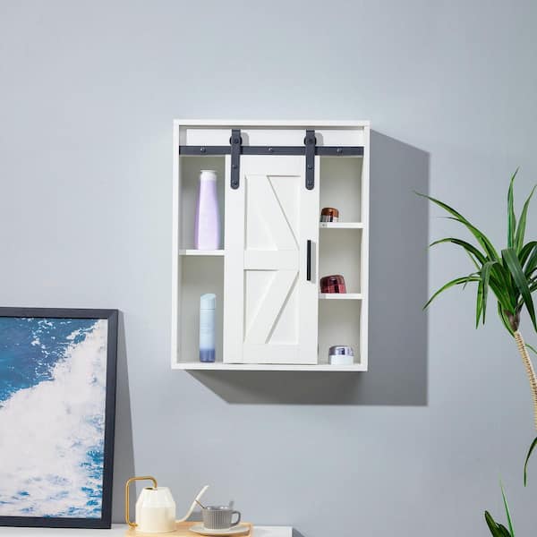 Bathroom Wall Cabinet, Wall Mounted Storage Cabinet with Slide Barn Door  and Adjustable Shelves, Modern Storage Cupboard, Hanging Storage Organizer