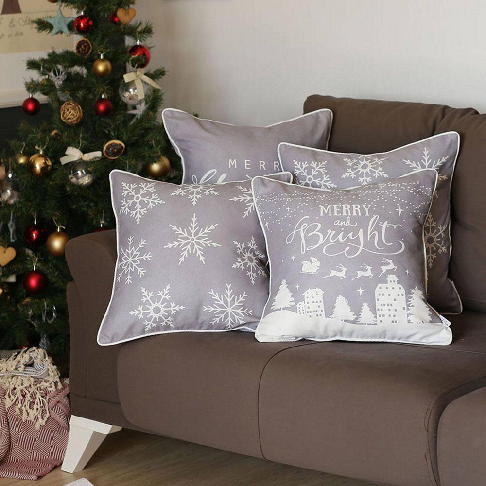 Gray and White Christmas Snowflake Polyester Pillow Covers Set of 4