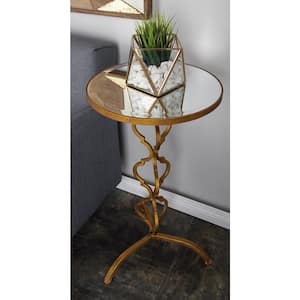 16 in. Gold Quatrefoil Design Extra Large Round Mirrored End Accent Table with Mirrored Glass Top