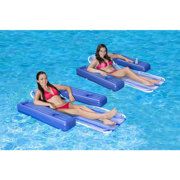 Poolmaster Caribbean Retro Floating Chaise Pool Lounger Recliner With All-Weather Fabric, 2-Pack, Blue Stripe