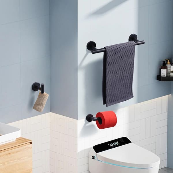 3-Piece Stainless Steel Bath Hardware Set with Towel Hook, Toilet Paper Holder and Towel Bar in Matte Black