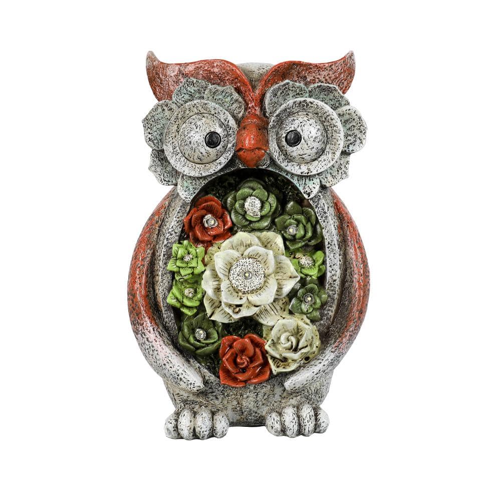 12 .6 in. Gray-Red Solar Resin LED Owl Sculpture Indoor Garden Decoration W