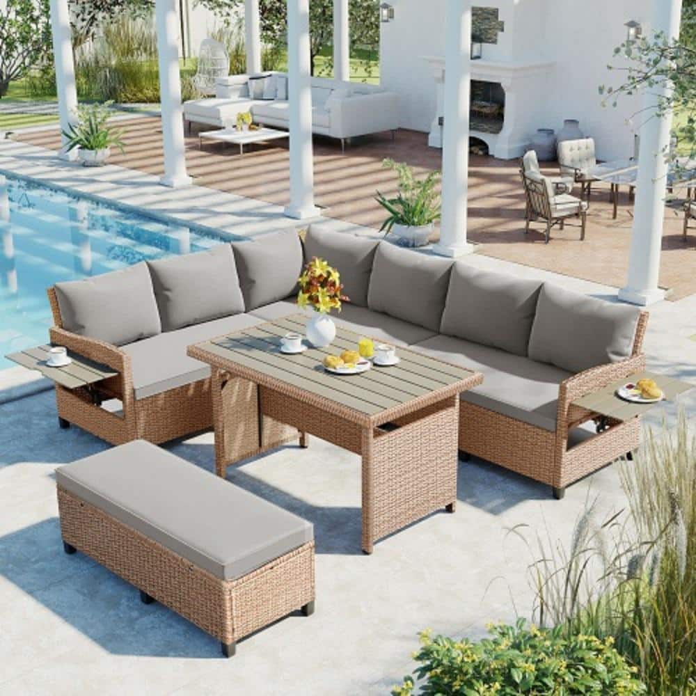Rattan Brown 5-Piece Plastic Wood L-Shape Sofa Patio Outdoor Sectional Furn
