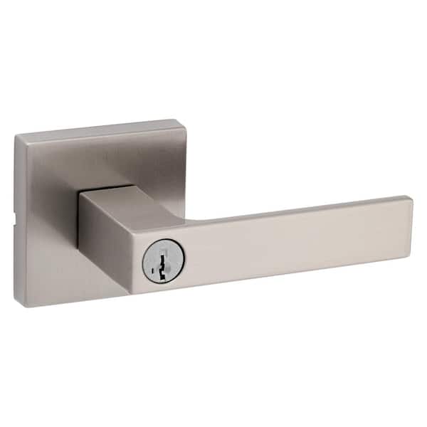 Kwikset Singapore Square Satin Nickel Keyed Entry Door Handle with Microban Featuring SmartKey Security