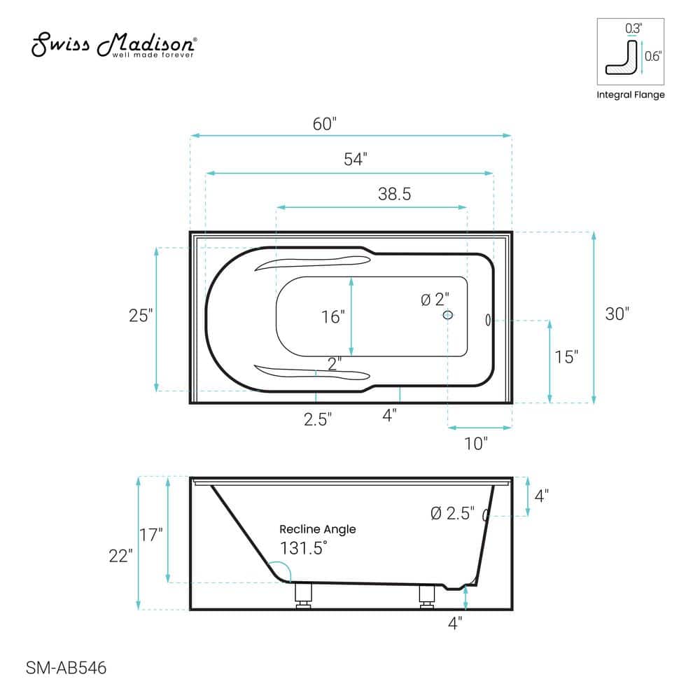 Ivy 60" x 30" White Acrylic Alcove Bathtub with Apron