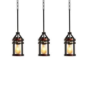 13.39 in. 1-Light Black Farmhouse Island Pendant Hanging Light with Wood Grain and Glass Shade (3-Pack)