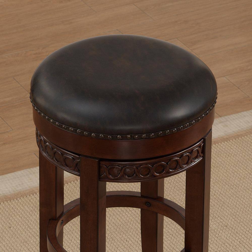 Cherry Finish Backless Swivel Counter Stool with Brown Leather Cushion