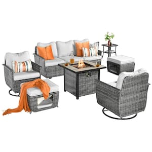 Sierra Black 7-Piece Wicker Multi-Use Fire Pit Patio Conversation Sofa Set with Swivel Chairs and Light Gray Cushions