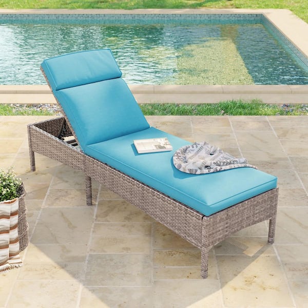 Outdoor Patio Wicker Chaise Lounge Chairs with Adjustable Inclination Angles, Lake Blue Cushion