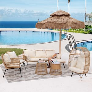 7 Piece Boho Natural Wicker Patio Outdoor Sofa Set with Ice Bucket and Egg Chair with Beige Cushions