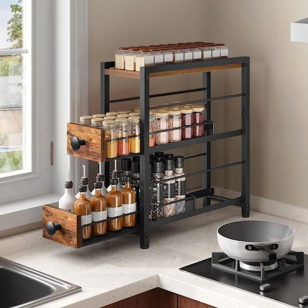 Rustic Brown Black 3-Tier Countertop Spice Drawer Organizer with Pull Out Drawers and Retro Industrial Look