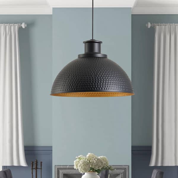 Industrial 20.08 in. 1-Light Black Pendant Light Dome Oversized Ceiling Hanging with Hammered Metal Shade