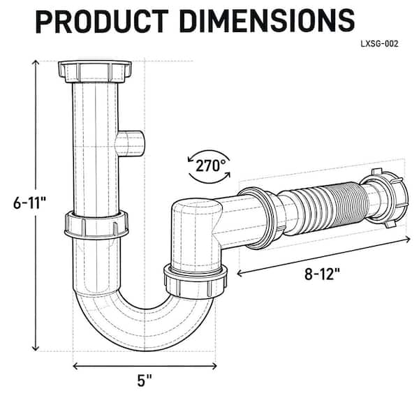 1-Pc Universal 1-1/4in. & 1-1/2in. P Trap Drain Kit in Black Flexible PP U-Bend Plumbing Pipe,Included Mounting Hardware