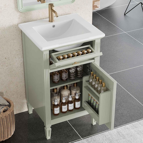 20 in. Freestanding Green Bath Vanity with White Ceramic Top, Adjustable Shelf, Tilt-Out Drawer and Zinc Alloy Knobs