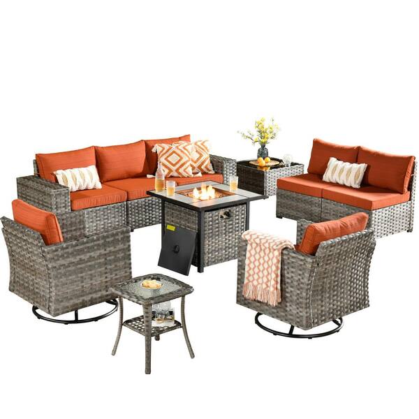 HOOOWOOO Tahoe Grey 10-Piece Wicker Swivel Rocking Outdoor