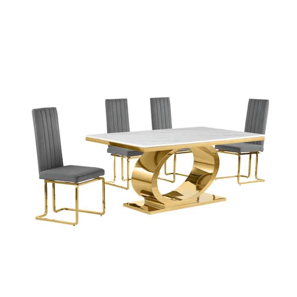 Best Quality Furniture Ibraim 5-Piece Rectangle White Marble Top Gold Stainless Steel Base Dining Set With 4 Dark Grey Velvet Chrome Iron Chair