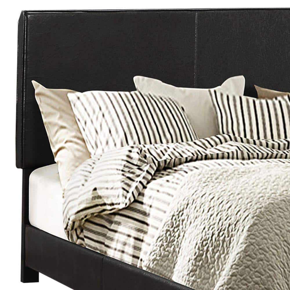 Black Leather Upholstered Queen Platform Bed with Wooden Frame