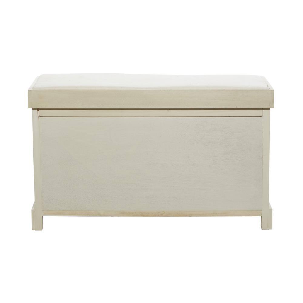 Elegant White Linen Cushioned Storage Bench with Wicker Baskets