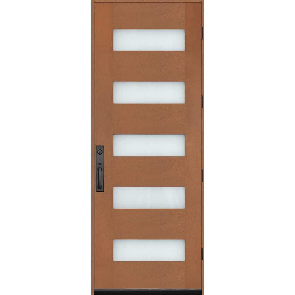 Regency 36 in. x 80 in. 5L Modern Frosted Glass LHOS AutmnWheat Stain Fiberglass Prehung Front Door w/8011 Black Lockset price history on PriceWatchPro