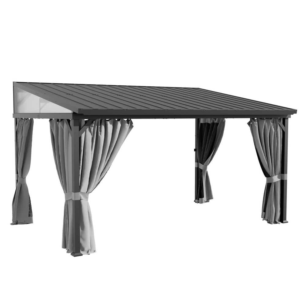 14 ft. x 10 ft. Black Outdoor Wall-Mounted Hardtop Gazebo Pergola with Curtains, Sloped Roof price history on PriceWatchPro