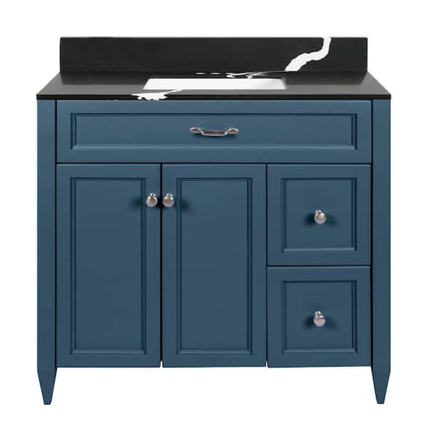Amluxx Verona 37 in. W x 22 in. D x 36 in. H Bath Vanity in Navy Blue with Quartz Stone Vanity Top in Calacatta Black