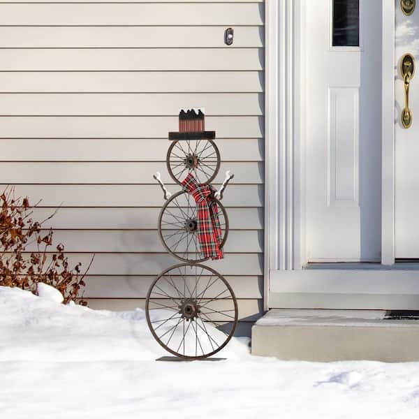 Glitzhome 33.98 in. H Metal Bike Wheel Snowman with Plaid Scarf 