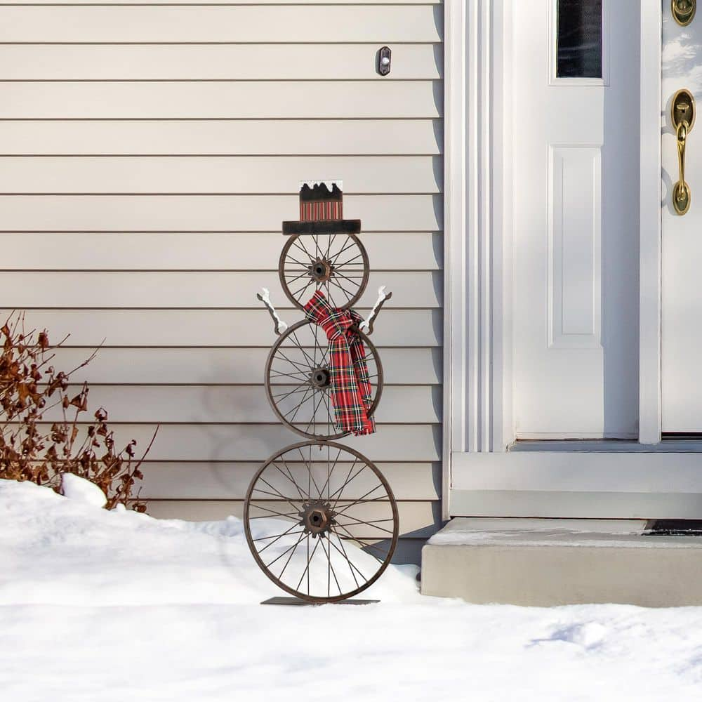 Glitzhome 33.98 in. H Metal Bike Wheel Snowman with Plaid Scarf Porch ...