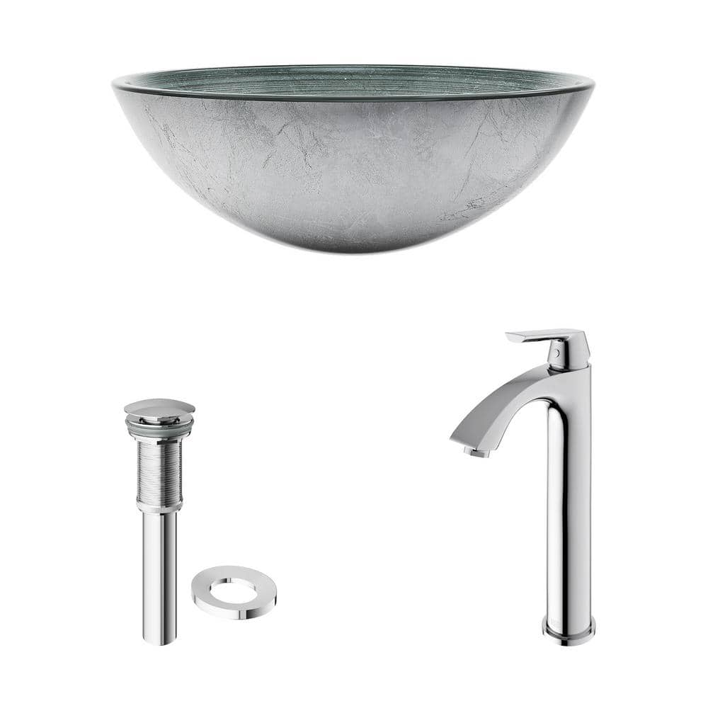 Simply Silver Round Glass Vessel Sink with Chrome Faucet