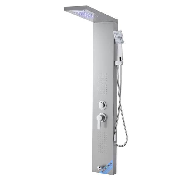 Shower Panel Tower, 53 in. Brushed Stainless Steel, Rainfall Shower Head, LED, 5-Function Faucet, Handheld, Tub Spout