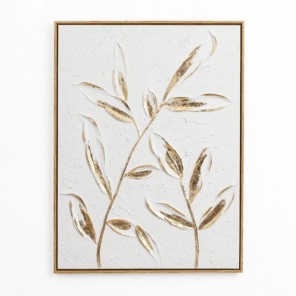 LuxenHome 31.5 in. x 23.62 in. White with Gold Flower by Canvas Framed Wall Art Decor